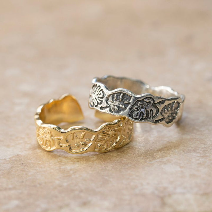 14K Gold Plated Leaf Ring - 925 Silver, Adjustable, Handmade