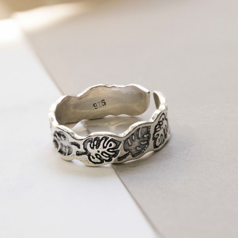 925 Silver Adjustable Leaf Ring with Gemstone for Women