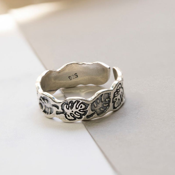 925 Silver Adjustable Leaf Ring with Gemstone for Women