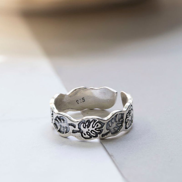 925 Silver Adjustable Leaf Ring with Gemstone for Women