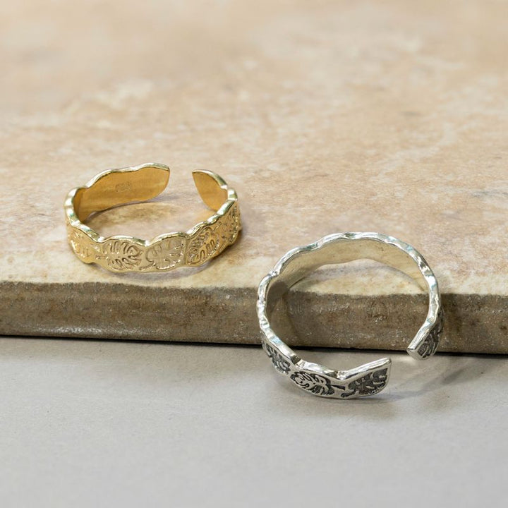 14K Gold Plated Leaf Ring - Adjustable, 925 Silver, Gemstone