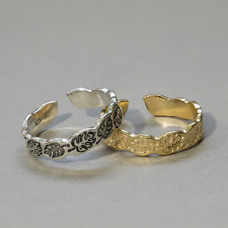 14K Gold Plated Leaf Ring - Adjustable, 925 Silver, Gemstone