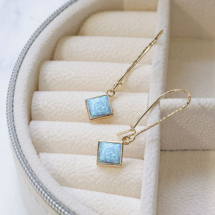 14K Gold Plated Blue Opal Dangle Earrings - 6X6mm Square, Handmade