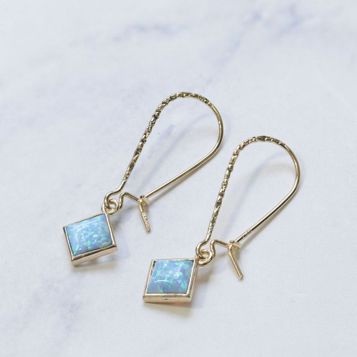 14K Gold Plated Blue Opal Dangle Earrings - 6X6mm Square, Handmade