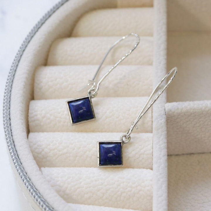 925 Silver Lapis Lazuli Square Drop Earrings - Dec Birthstone, Handmade