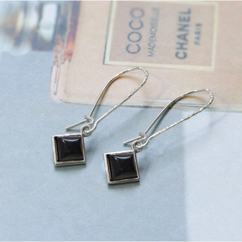 925 Silver Onyx Square Drop Earrings - July Birthstone, 6X6mm