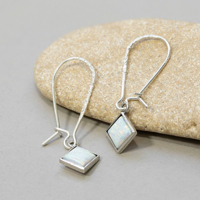 925 Silver White Opal Square Earrings - Women's October Birthstone
