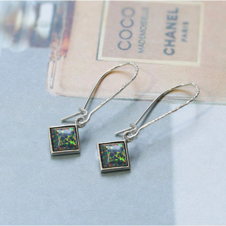 925 Silver Black Opal Square Earrings - Women's October Birthstone