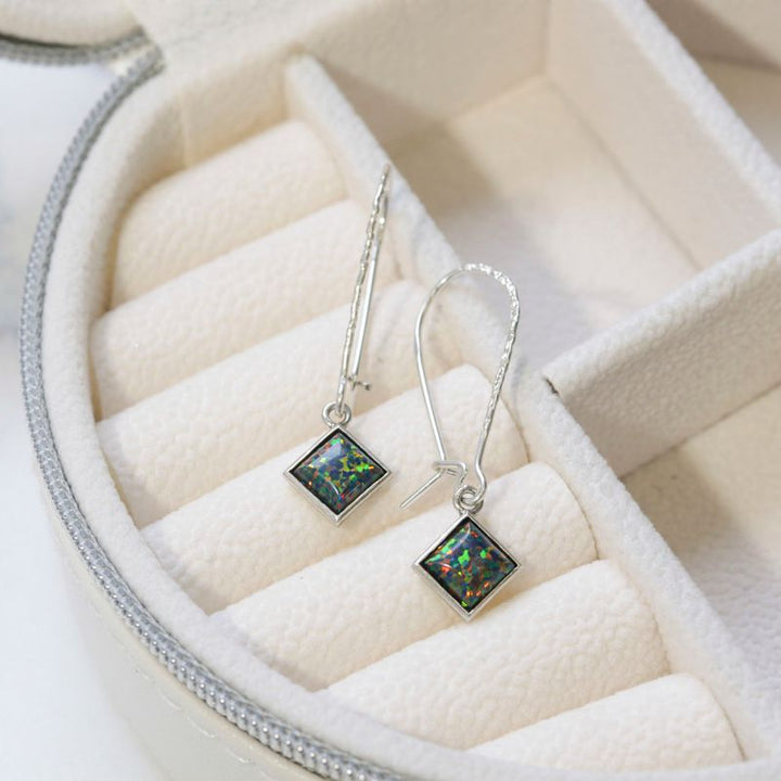 925 Silver Black Opal Square Earrings - Women's October Birthstone