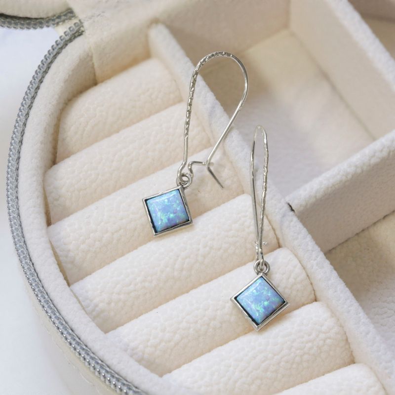 925 Silver Blue Opal Square Earrings - Women's Vintage 6X6mm Oct. Birthstone