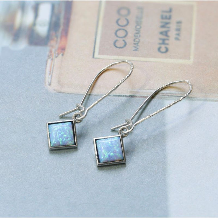 925 Silver Blue Opal Square Earrings - Women's Vintage 6X6mm Oct. Birthstone