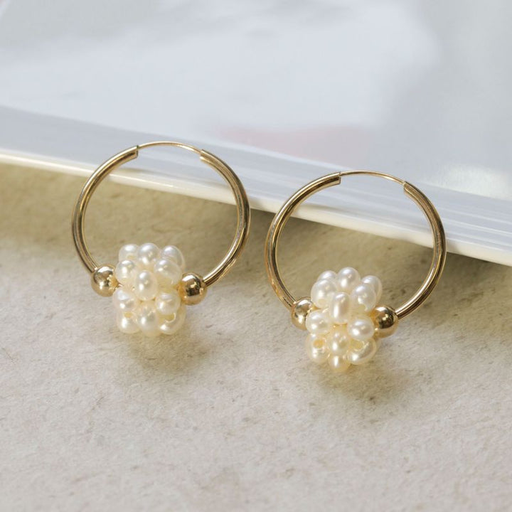 14K Gold Hoop Earrings with Pearl Beads