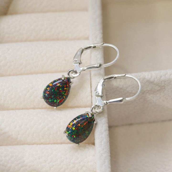 925 Silver Black Opal Drop Earrings - October Birthstone, 7x10mm