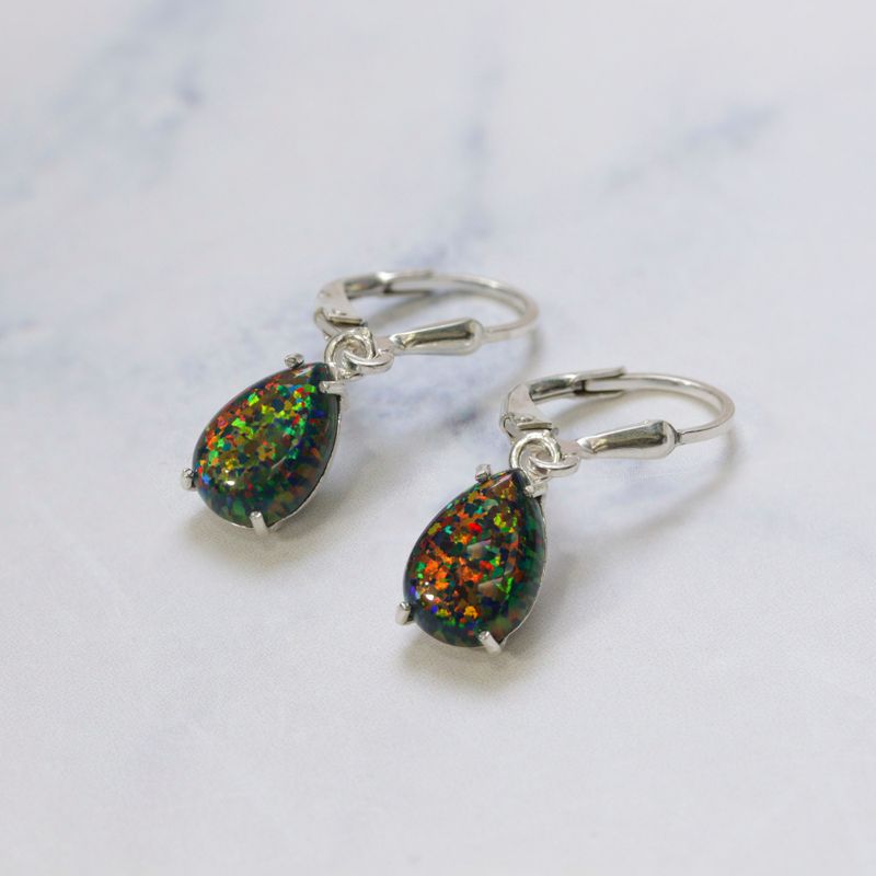 925 Silver Black Opal Drop Earrings - October Birthstone, 7x10mm