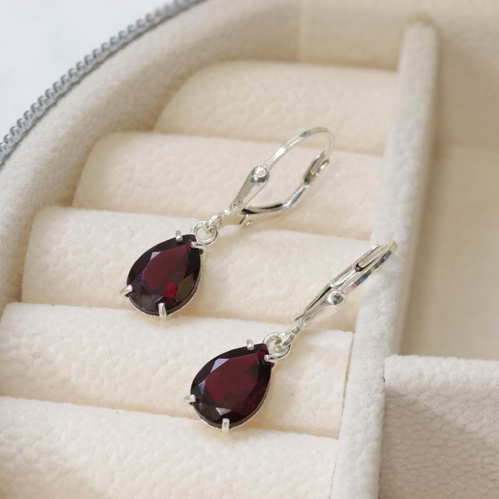 925 Silver Garnet Drop Earrings - January Birthstone, 7x10mm