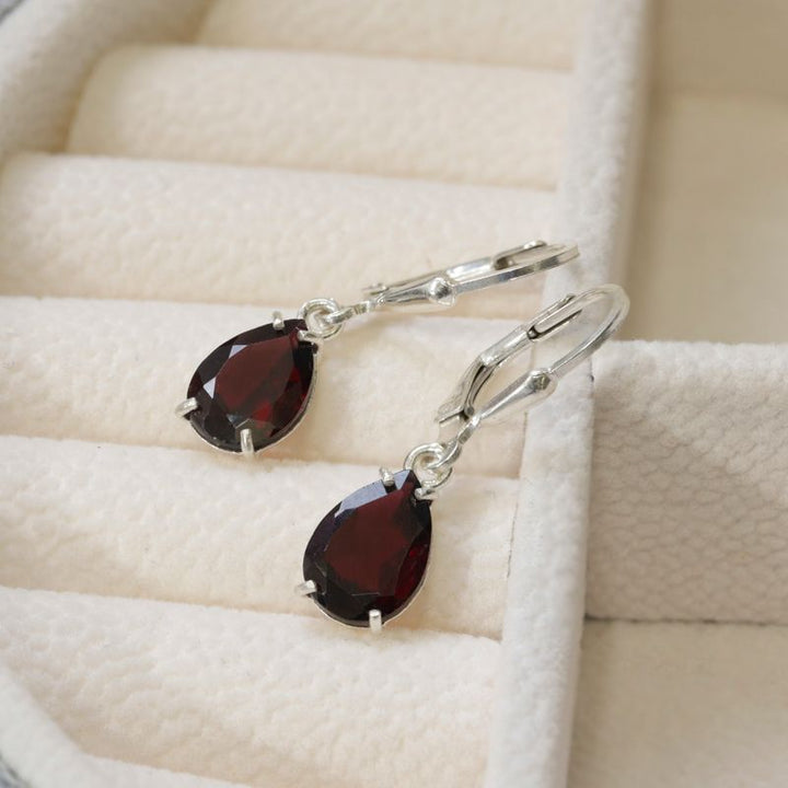 925 Silver Garnet Drop Earrings - January Birthstone, 7x10mm