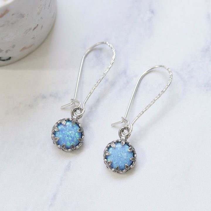 925 Silver Blue Opal Drop Earrings - 8mm Vintage Style Gift