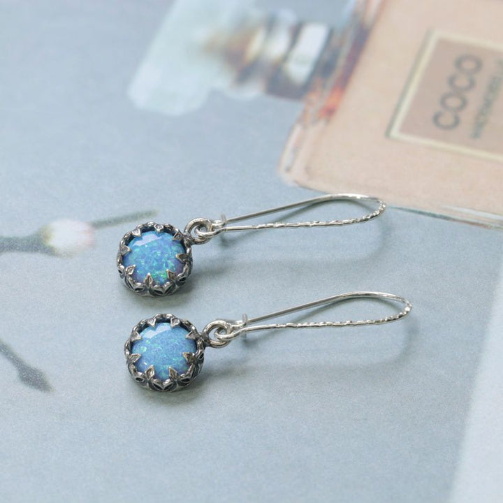 925 Silver Blue Opal Drop Earrings - 8mm Vintage Style Gift
