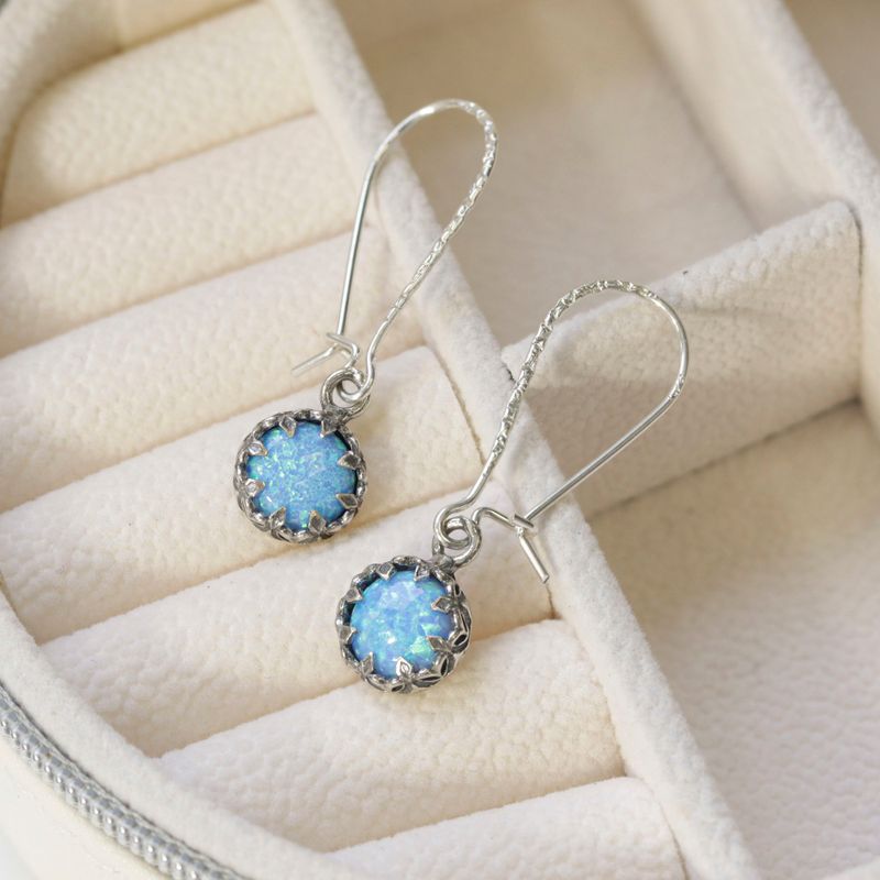 925 Silver Blue Opal Drop Earrings - 8mm Vintage Style Gift