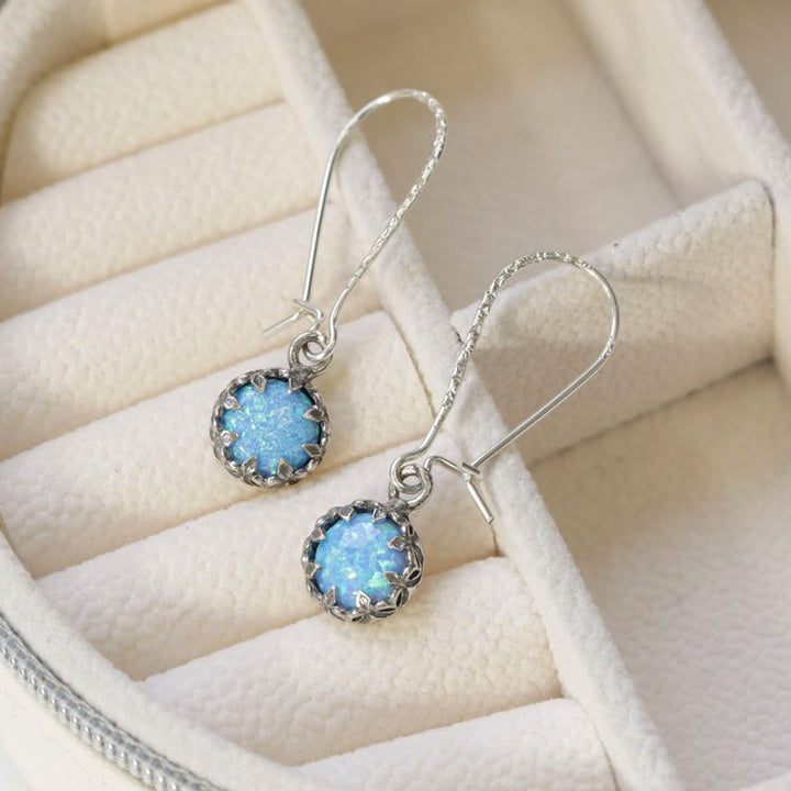 925 Silver Blue Opal Drop Earrings - 8mm Vintage Style Gift
