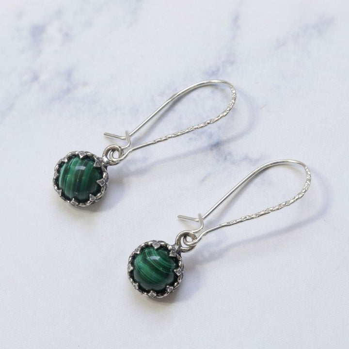 925 Silver Malachite Dangle Earrings - 8mm May Birthstone