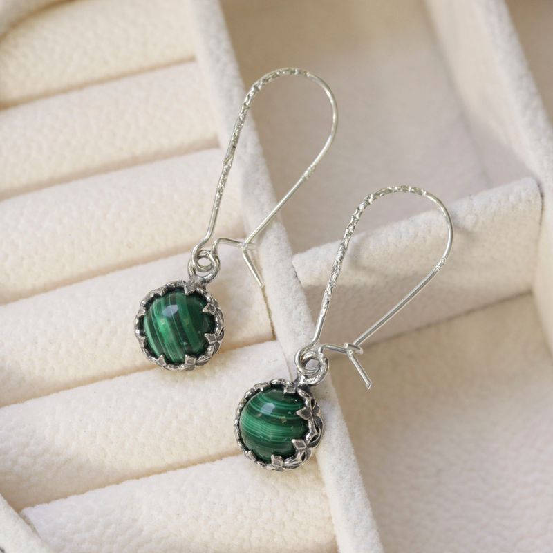 925 Silver Malachite Dangle Earrings - 8mm May Birthstone