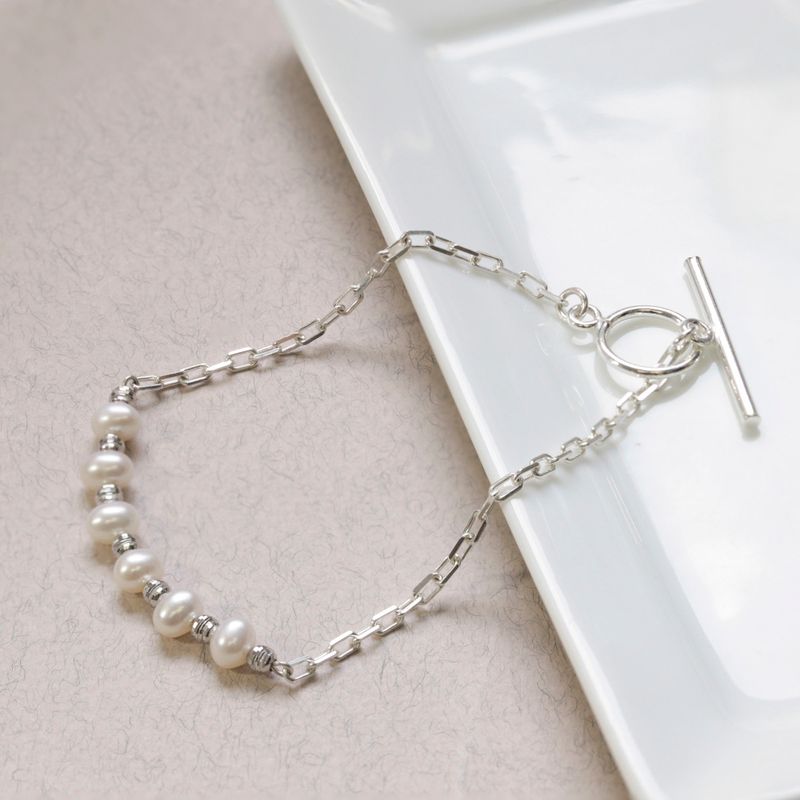 Silver Bracelet with Silver Separator Beads and White Pearl Beads