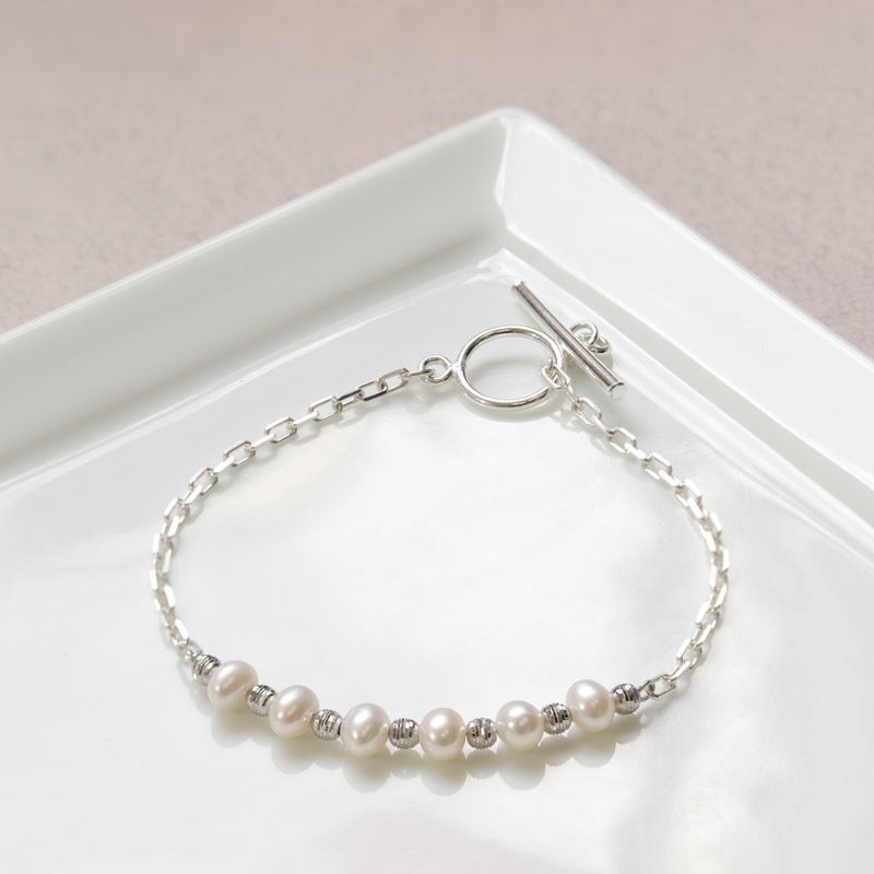 Silver Bracelet with Silver Separator Beads and White Pearl Beads