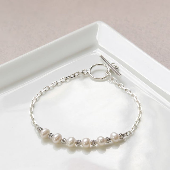 Silver Bracelet with Silver Separator Beads and White Pearl Beads