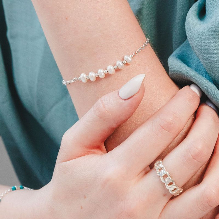 Silver Bracelet with Silver Separator Beads and White Pearl Beads