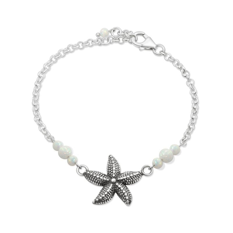 925 Silver Starfish Bracelet with White Opal - Handmade Women's Gift