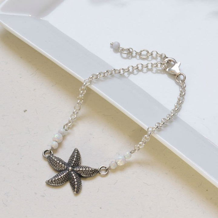 925 Silver Starfish Bracelet with White Opal - Handmade Women's Gift