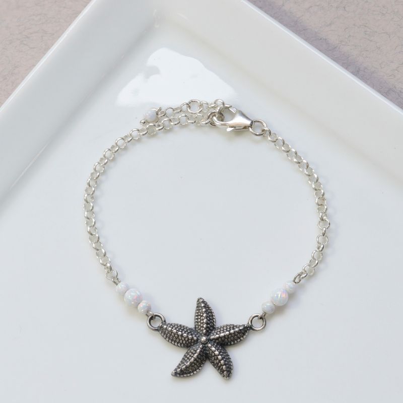 925 Silver Starfish Bracelet with White Opal - Handmade Women's Gift