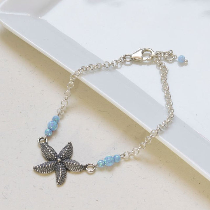 925 Silver Blue Opal Starfish Bracelet - October Birthstone Gift