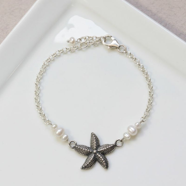 925 Silver Pearl Bracelet, Starfish Charm - June Birthstone Gift