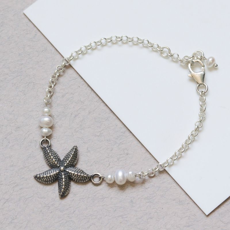 925 Silver Pearl Bracelet, Starfish Charm - June Birthstone Gift