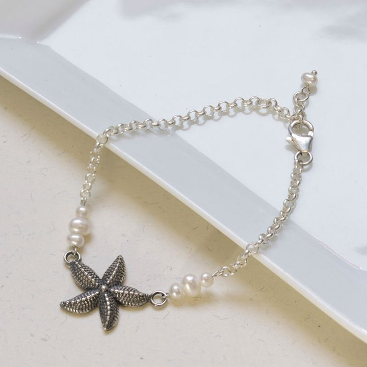 925 Silver Pearl Bracelet, Starfish Charm - June Birthstone Gift