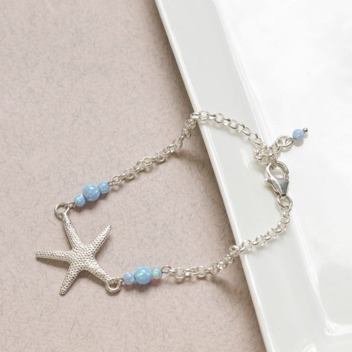 925 Silver Sea Star Bracelet with Blue Opal - October Birthstone Gift