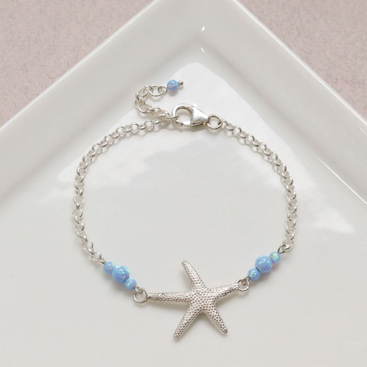 925 Silver Sea Star Bracelet with Blue Opal - October Birthstone Gift