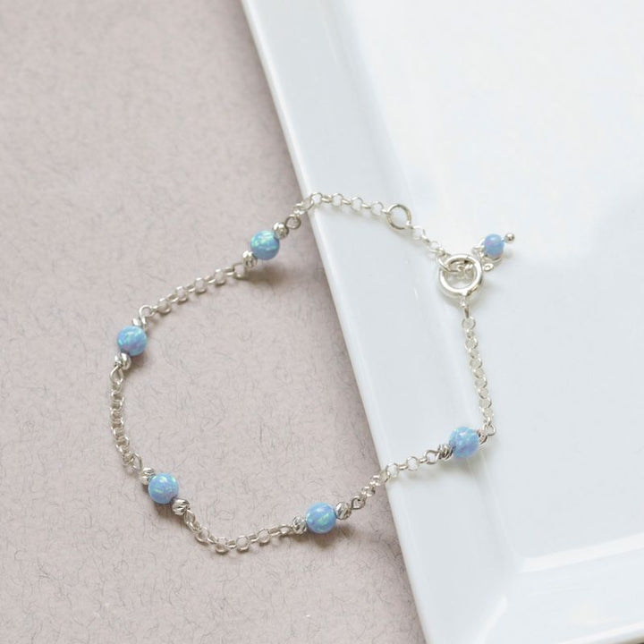 925 Silver Blue Opal Bracelet - Handmade Women's October Birthstone Gift