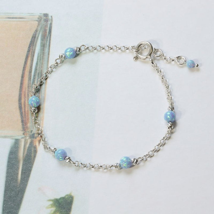 925 Silver Blue Opal Bracelet - Handmade Women's October Birthstone Gift