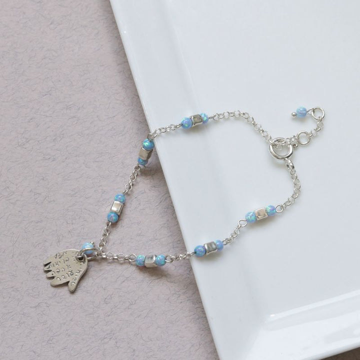 925 Silver Hamsa Bracelet with Blue Opal - Handmade Women's Gift