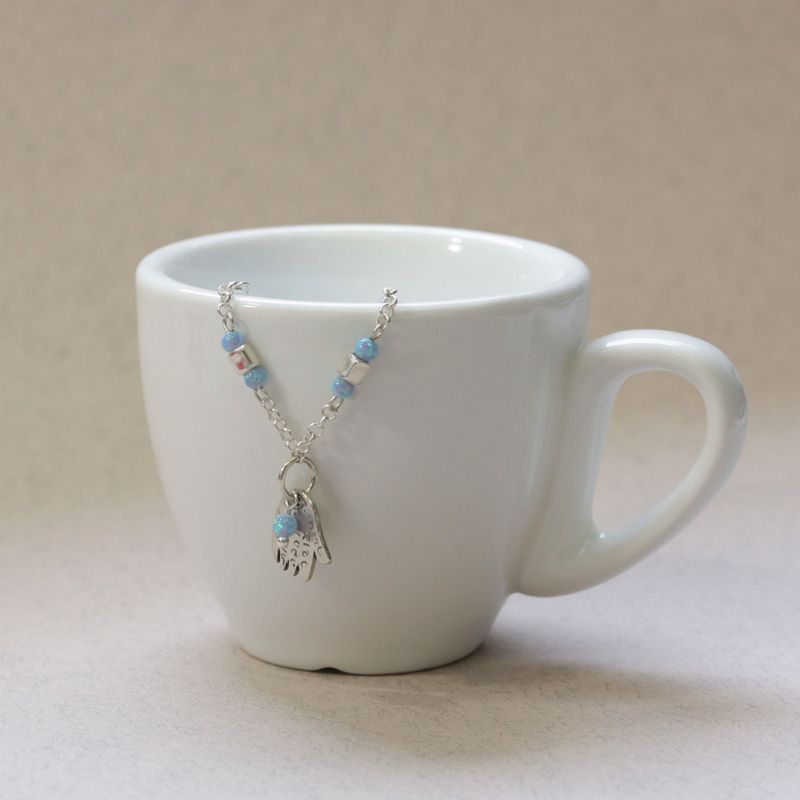 925 Silver Hamsa Bracelet with Blue Opal - Handmade Women's Gift