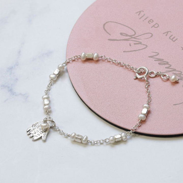 925 Silver Hamsa Pearl Bracelet - June Birthstone Gift
