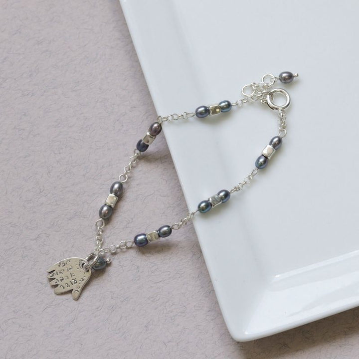 925 Silver Hamsa Bracelet with June's Black Pearl - Handmade Gift