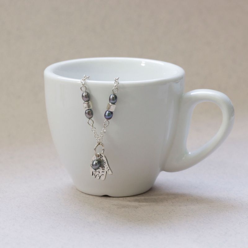 925 Silver Hamsa Bracelet with June's Black Pearl - Handmade Gift