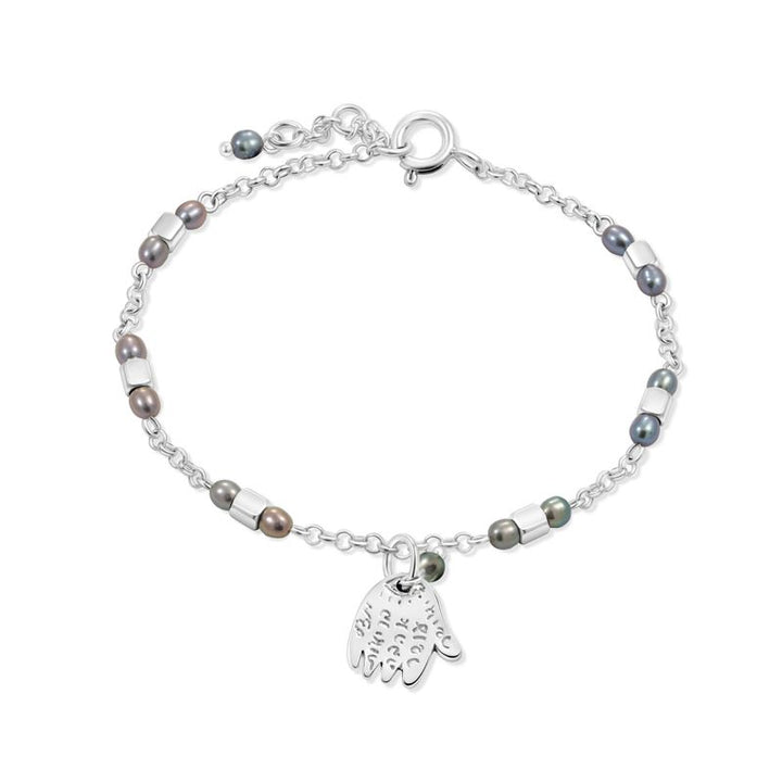 925 Silver Hamsa Bracelet with June's Black Pearl - Handmade Gift