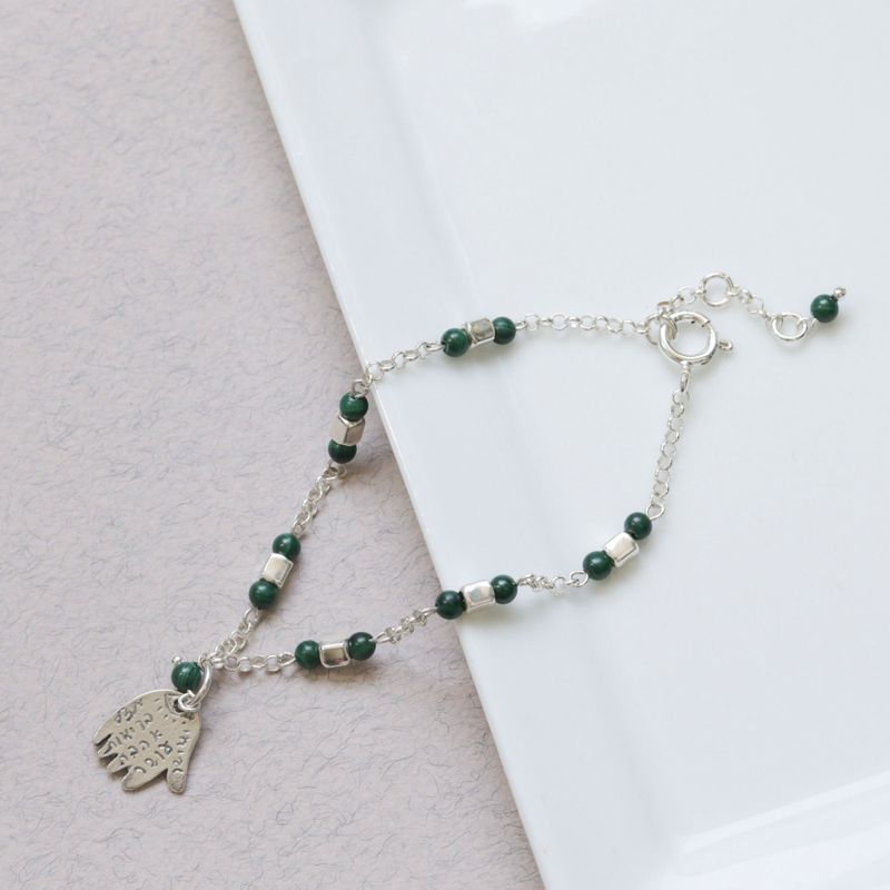 925 Silver Malachite Hamsa Bracelet - May Birthstone Gift