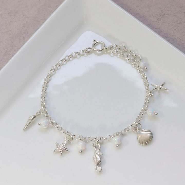 925 Silver Women's Bracelet, White Opal Charms - Handmade Gift