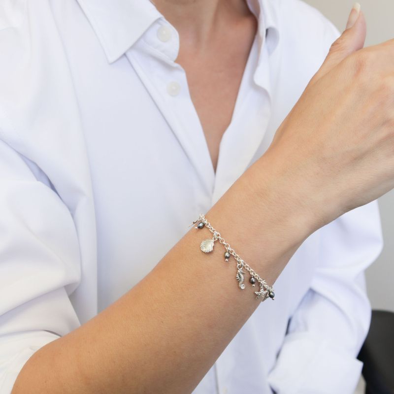 925 Silver Women's Bracelet, Black Pearl & Charms - June Birthstone Gift